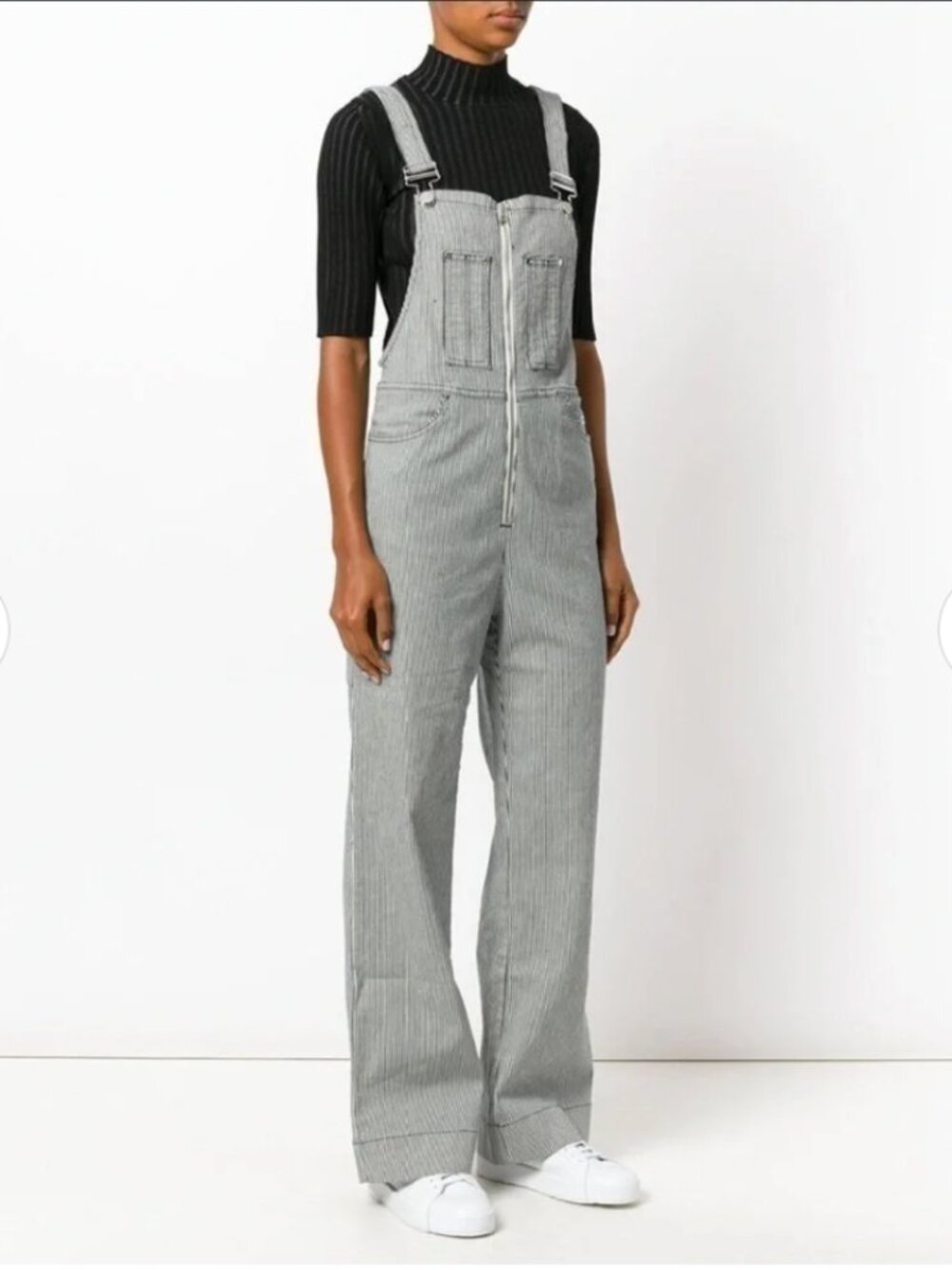 NWT Alexa Chung Stripe Denim Zip Front Dungarees in Navy/Ecru Size 29
